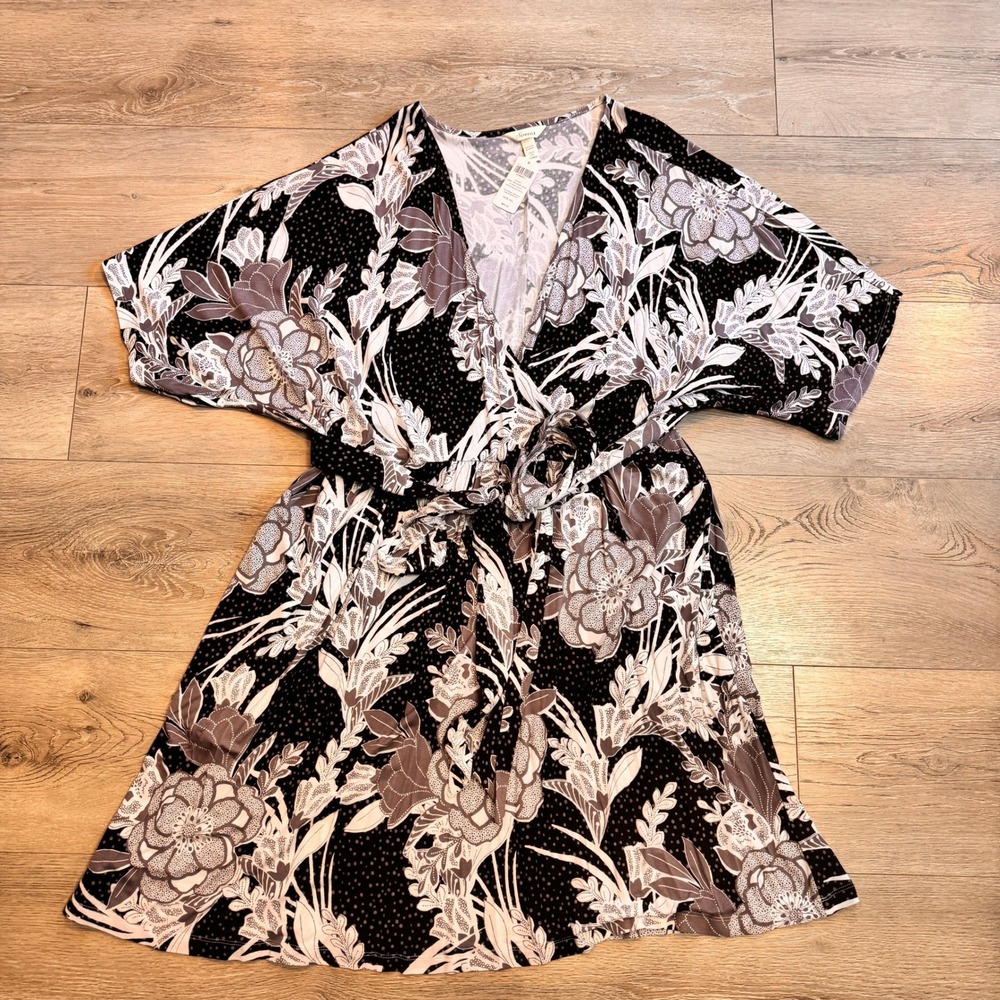 NWT‎ Soma Kimono Wrap Short Sleeve Dress Vintage Bouquet Black XXL 2XL